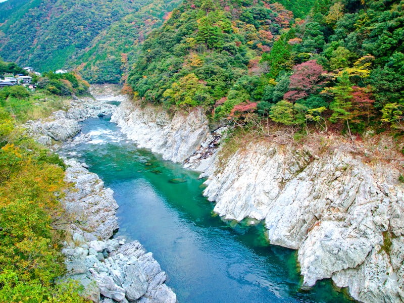 Shikoku Island river with autumn colours in Japan