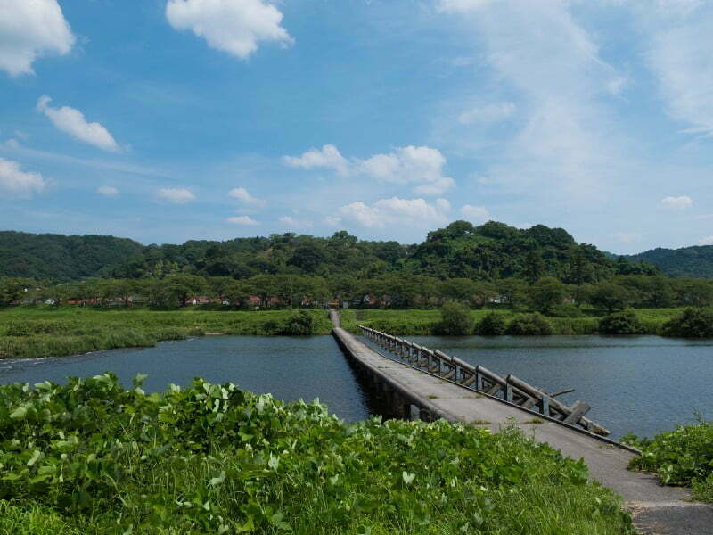 Shimane rural views in Japan on a bridge crossing the water 