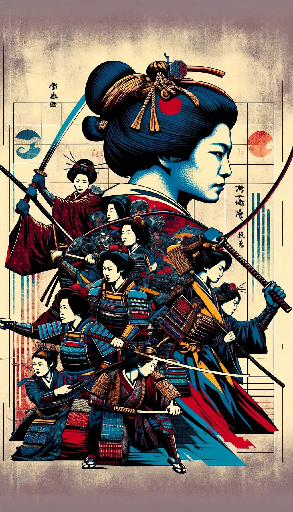 Significant role of women in samurai culture. It showcases representations of onna-bugeisha, highlighting their skills in warfare and featuring iconic figures like Tomoe Gozen and Nakano Takeko. The image also illustrates the shift in women's roles during the Edo period and their enduring legacy as custodians of samurai values. The fusion of abstract and vibrant elements in the artwork reflects the resilience and significance of women in the samurai era, as well as their lasting influence in Japanese folklore and history