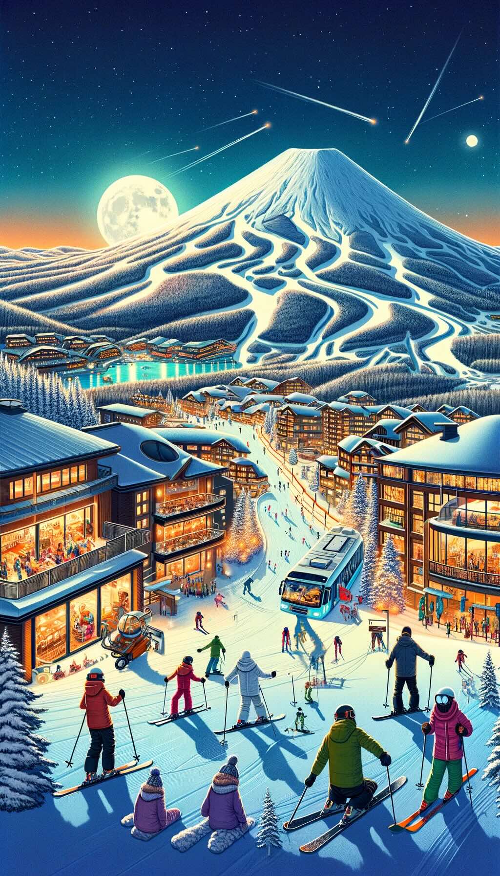 Ski and snowboarding resorts of Niseko in Hokkaido, capturing the excitement and scenic beauty of the region known for its exquisite powder snow, "Japow" highlights the diverse areas of Niseko, from the vibrant Grand Hirafu to the tranquil Annupuri, and the variety of winter sports activities available for enthusiasts of all skill levels