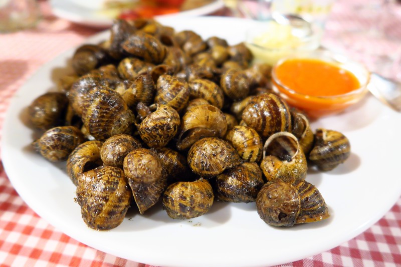 Snails as an appetizer for dinner during our Euro Food Trip