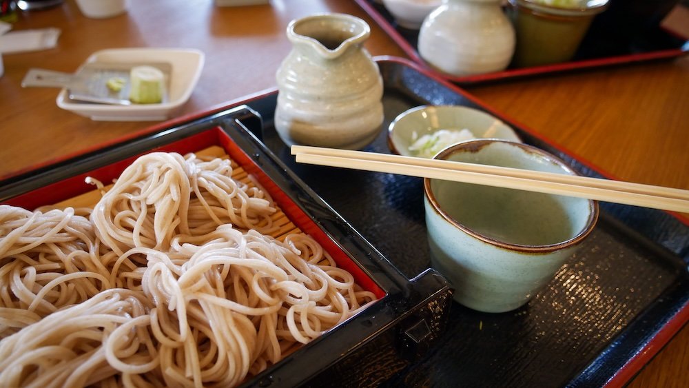 Soba noodles beside chopsticks in Matsumoto, Japan 