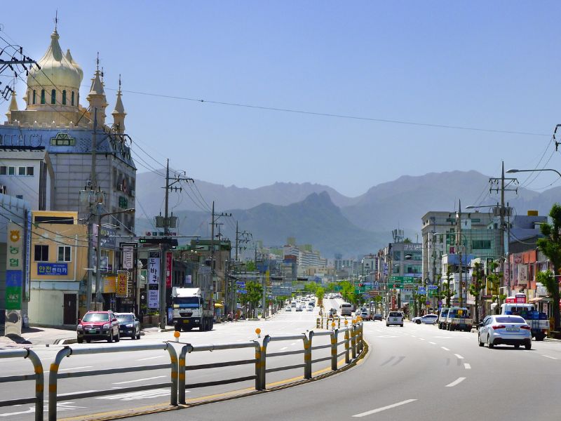 Sokcho street level views with cars driving on the road in South Korea 