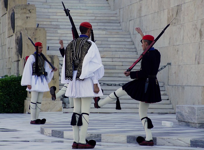 Soldiers participating in the changing of the guard in Athens, Greece