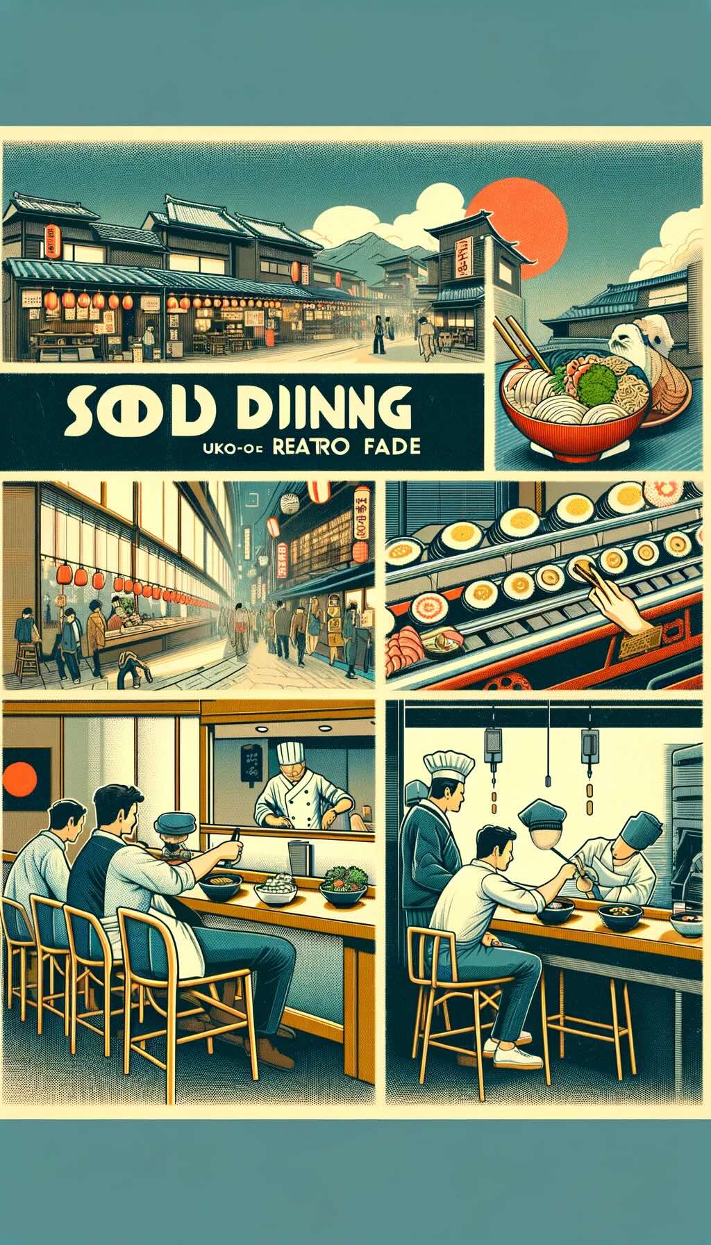 Solo dining experiences in Japan. The image captures scenes from various Japanese eateries, highlighting the unique solo dining culture and the vibrant gastronomic landscape of Japan