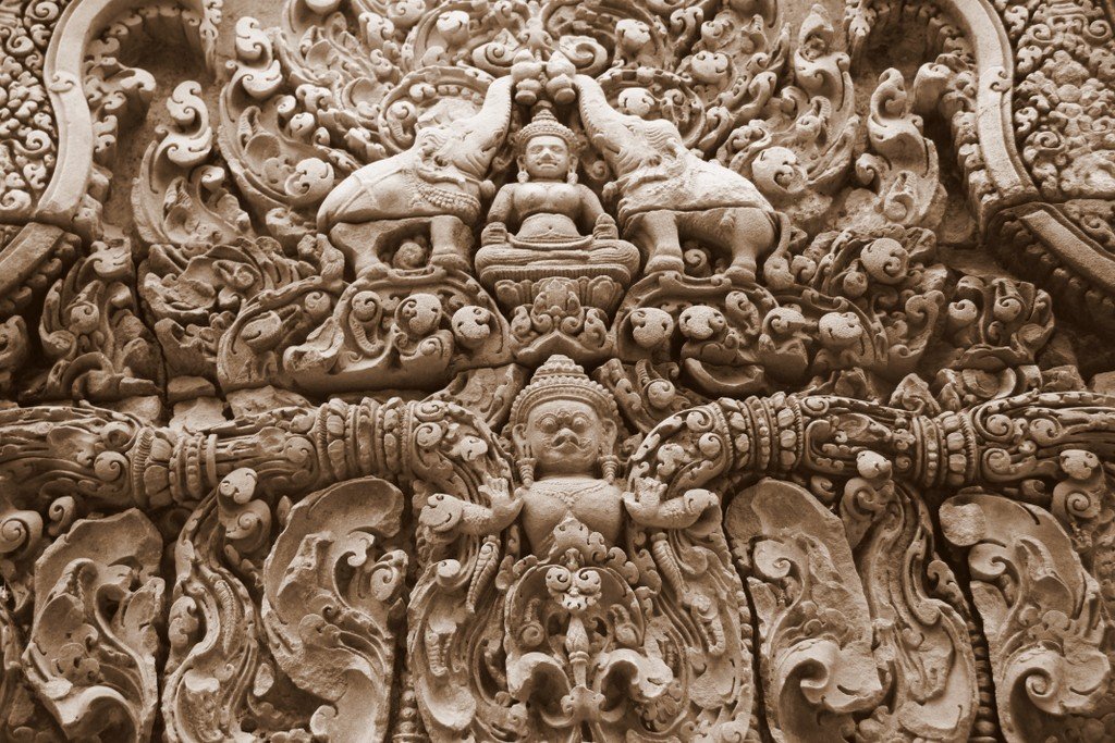 Some more details of the relief carvings in sepia at Banteay Srei in Cambodia 