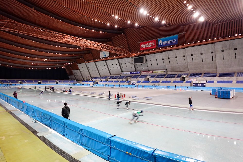 Speed skating training with the Japanese National team at Nagano Olympic Memorial Arena M-WAVE in Nagano city, Japan 