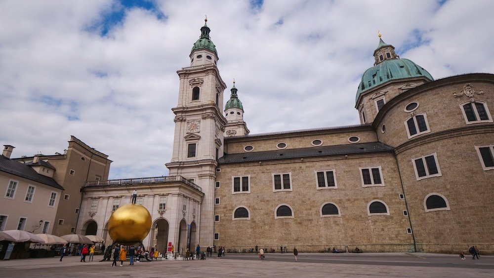 Sphaera Sculpture modern art in Salzburg, Austria from a distant vantage point