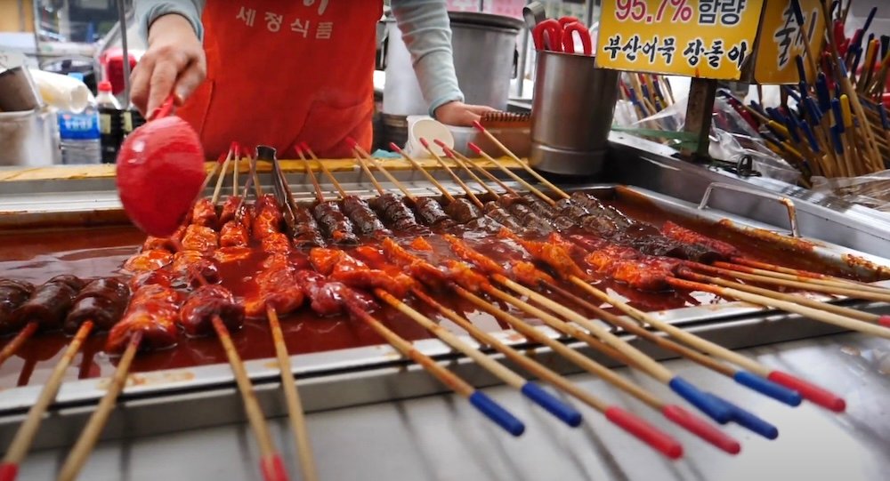 Spicy Korean meat on a skewer for sale in Daegu, Korea 