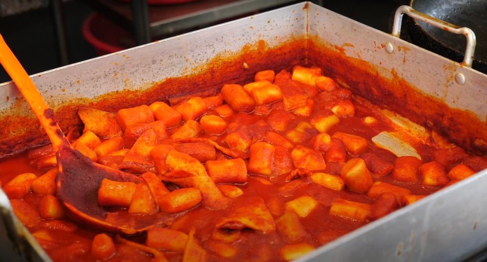 Spicy Korean tteokbokki for sale on the street of Daegu, Korea 