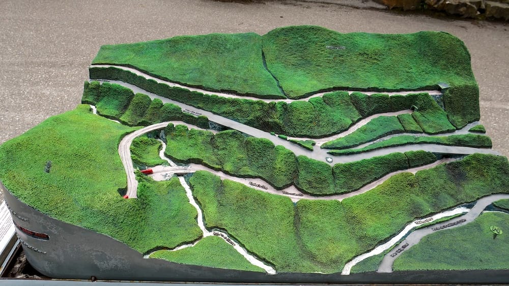 A three-dimensional relief model at the Spiral Tunnels viewpoint in Yoho National Park, British Columbia, illustrating the winding rail route and the Kicking Horse River as the track spirals through the mountainside.