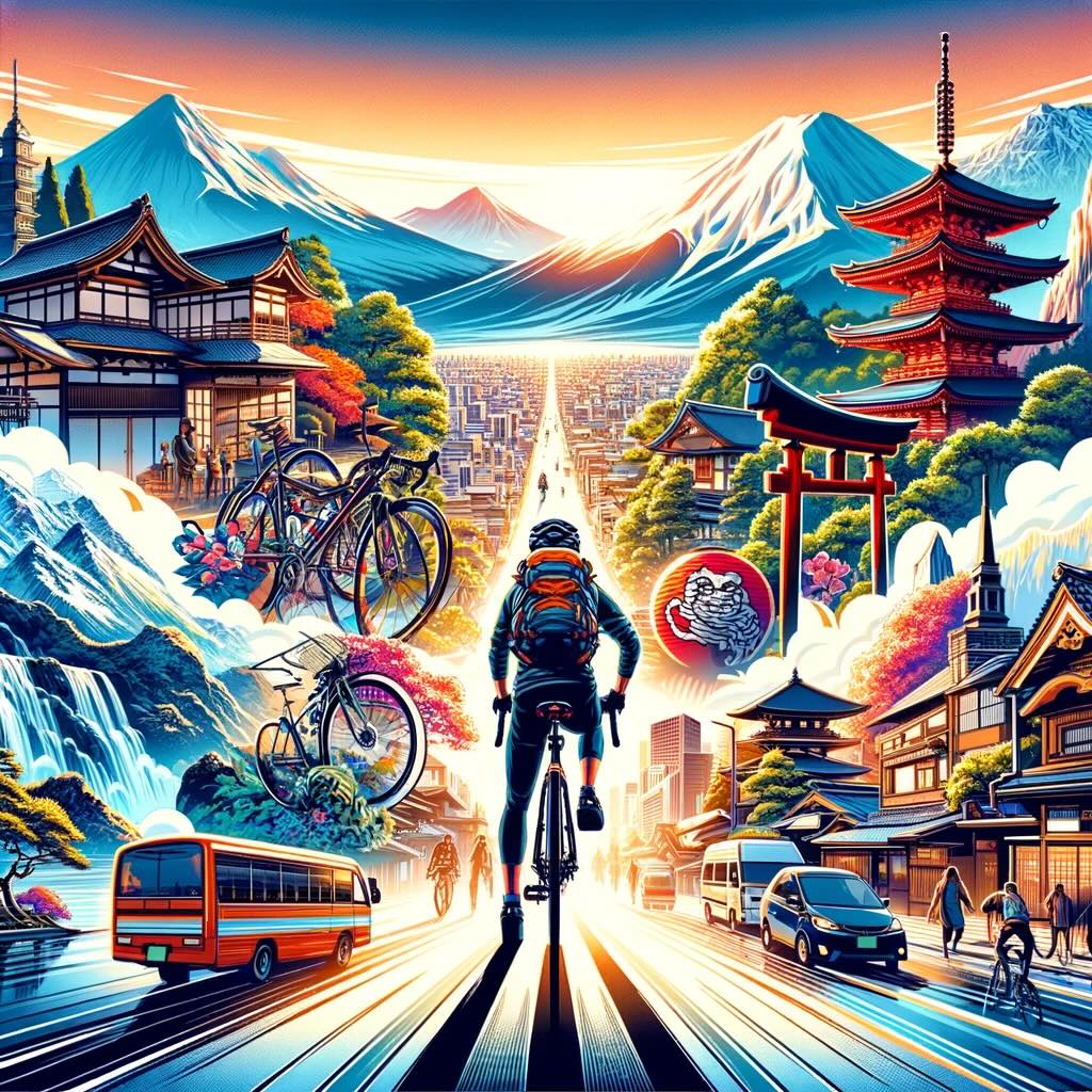 Spirit of adventure and exploration, inspiring those dreaming of a biking journey through Japan portrays a cyclist filled with anticipation and excitement, set against the backdrop of Japan's majestic mountains, tranquil temples, and vibrant cityscapes, embodying the transformative nature of this journey