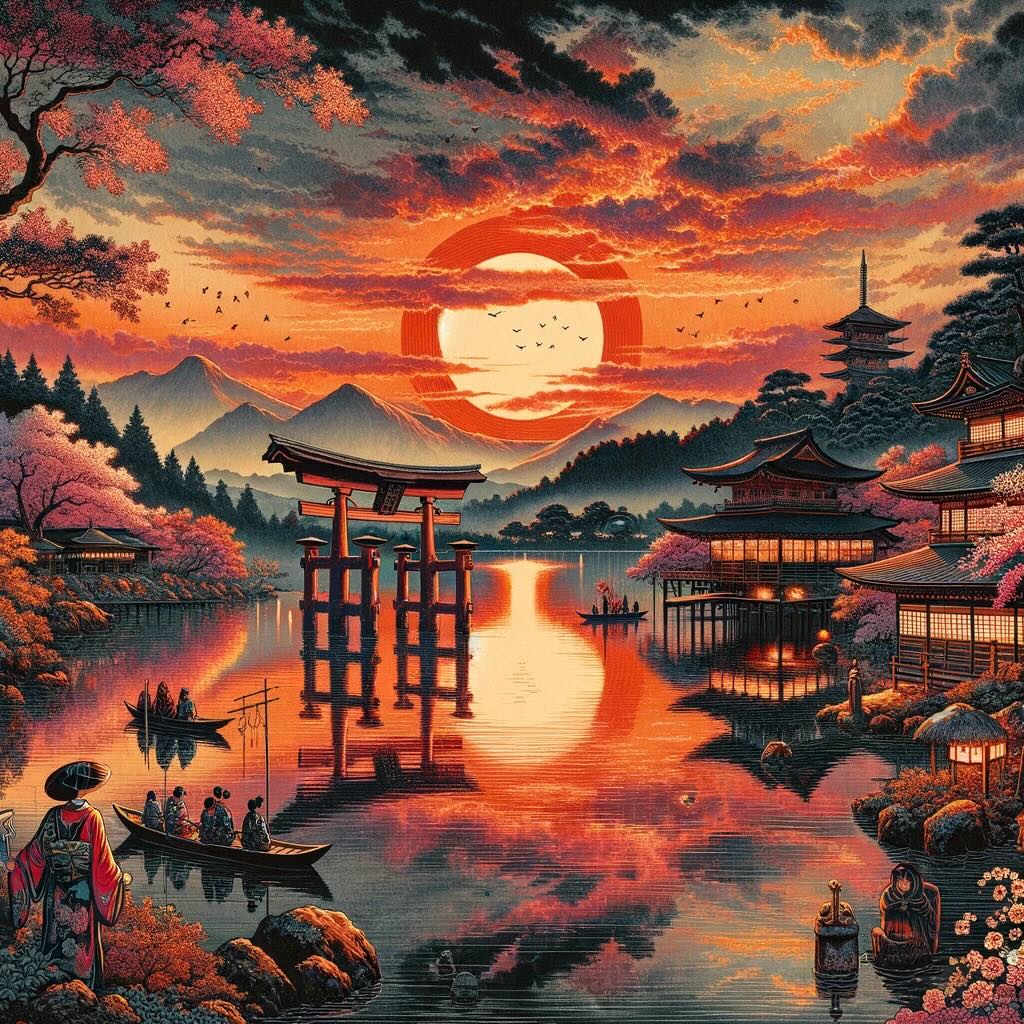Spiritual and emotional essence of witnessing a sunset in Japan scene includes traditional elements and captures the concept of 'Mono no Aware', highlighting the beauty and transience of the moment