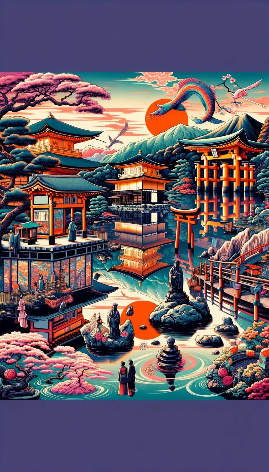 Spiritual and historical journey through Kyoto. This illustration reflects on the experiences at various temples, shrines, and cultural landmarks in the city