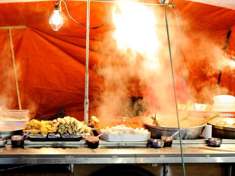 Steam coming off of Korean Street Food items 