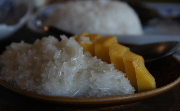 Sticky rice with mango slices for dessert made from scratch at our Thai cooking course in Chiang Mai