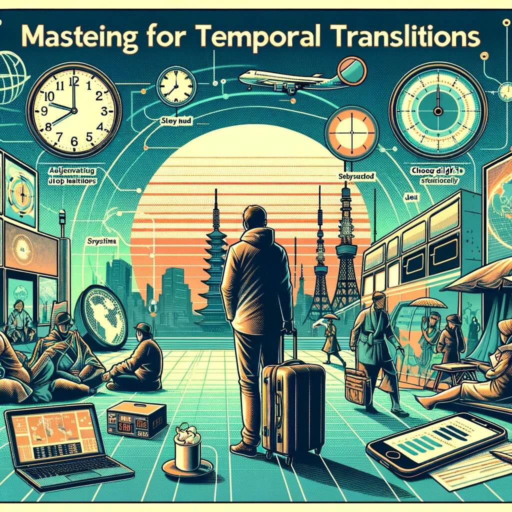 Strategies for mastering temporal transitions with a focus on Japan Standard Time (JST). It depicts a traveler preparing for and adapting to the time zone change. The artwork includes elements like adjusting sleep patterns, staying hydrated, and choosing flights strategically. It shows a scene of a traveler immersing themselves in local time upon arrival, engaging in outdoor activities to reset their internal clock. The image also incorporates technological tools like world clocks and time zone converters, symbolizing the traveler's digital aids in navigating time changes. This artwork conveys the blend of preparation and adaptability required for mastering time zone shifts, with a focus on seamlessly transitioning to JST