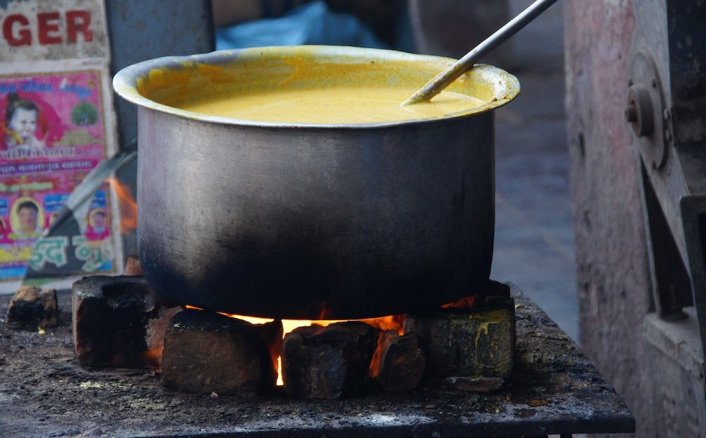 Street food heating pot in Jaipur, India 