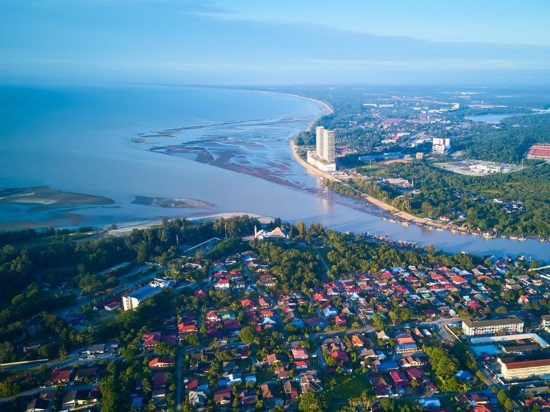 Stunning aerial view of Kuantan, Malaysia from a high vantage point looking down on the city