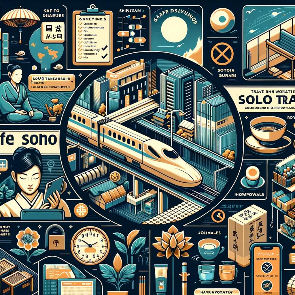 Summarizes the key takeaways for safe solo travel in Japan. It encapsulates Japan's reputation as a safe, clean, and hospitable country, ideal for solo adventurers. The artwork includes symbolic representations of Japan's robust public transportation system, such as the Shinkansen or city subways. It depicts elements indicating low crime rates and the courteous demeanor of locals. The importance of understanding cultural norms and the language is illustrated with images of translation tools or cultural icons. The high standard of healthcare is also shown, along with representations of diverse dietary options and accommodation types like ryokans and hostels. This image conveys a sense of security, cultural richness, and the variety of experiences available to solo travelers in Japan