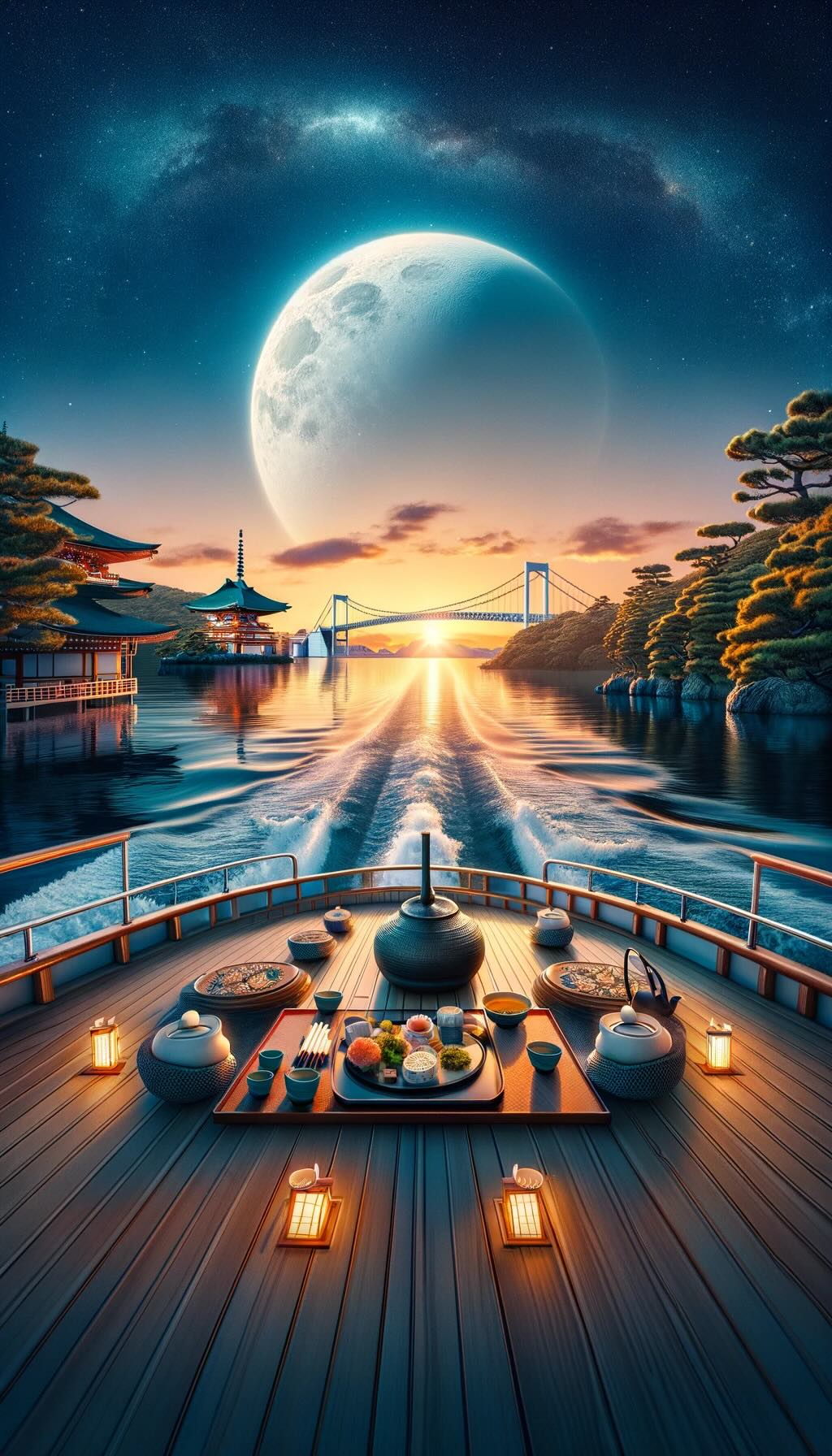 Aunset cruise in Japan, capturing the serene and captivating atmosphere as the sun sets over the water, with elements of traditional Japanese culture enhancing the experience