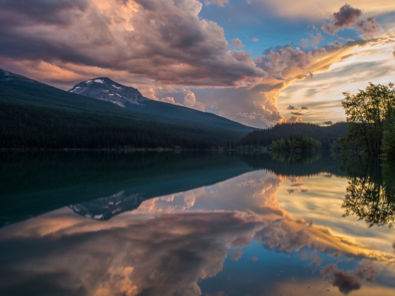 Sunset lake reflection in Jasper, Alberta, Canada 