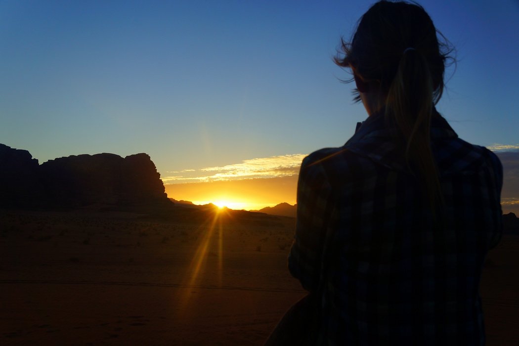 sunset shot from Wadi Rum where Audrey is rendered as a silhouette. Our guides specifically took us to this particular point roughly half an hour before sunset. We certainly were not disappointed.