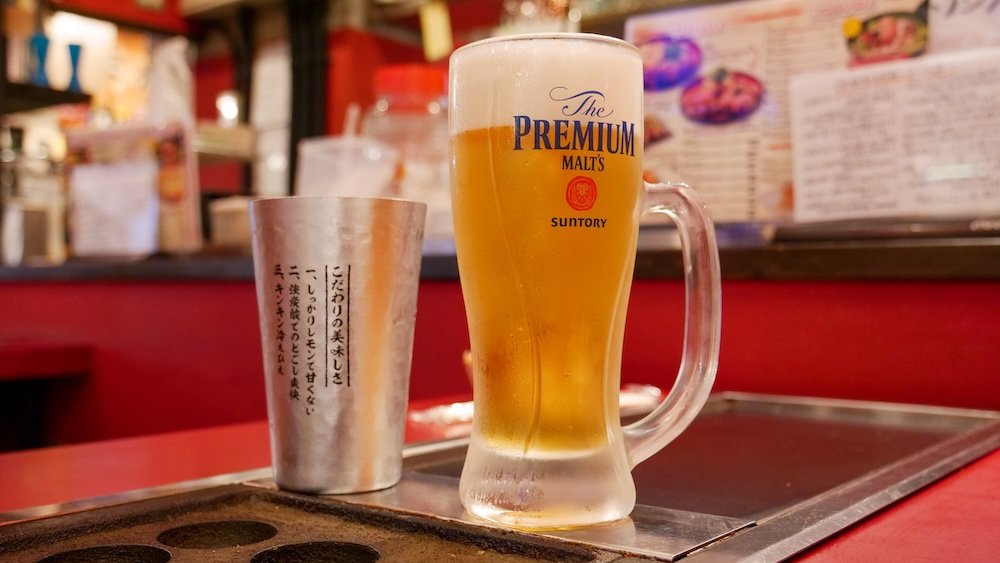 Suntory premium malt beer on display in Japan