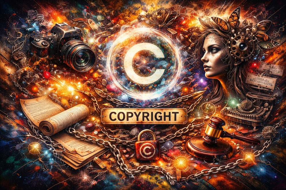 Surreal Copyright and Creative Ownership Artwork — Photography Licensing and Image Rights by Nomadic Samuel A surreal mixed-media artwork showing a glowing copyright symbol inside a crystal orb, surrounded by a camera, antique typewriter, gavel, chains, and a mechanical figure with butterflies, symbolizing Nomadic Samuel’s creative ownership and image licensing rights.