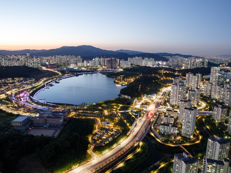 Suwon City At Night Aerial Views in South Korea 
