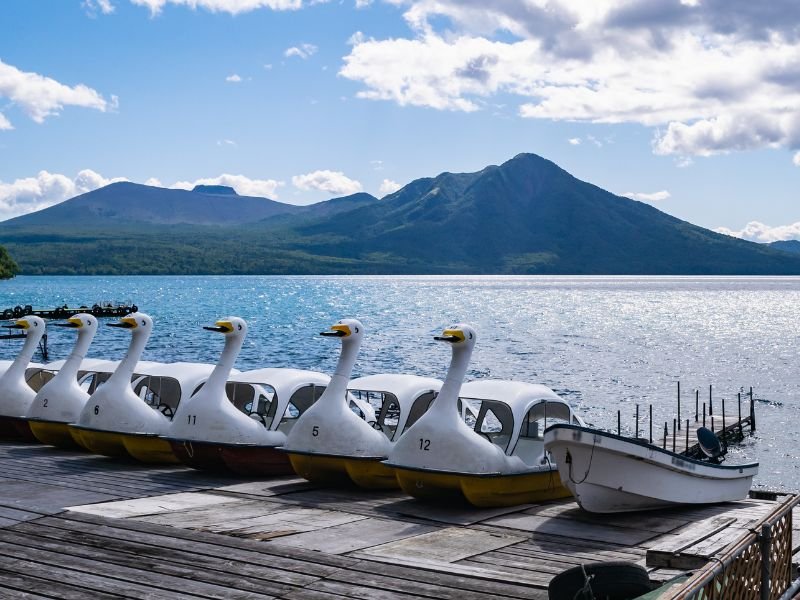 Swan boats that you can rent at Lake Shikotsu in Chitose city, Hokkaido, Japan 