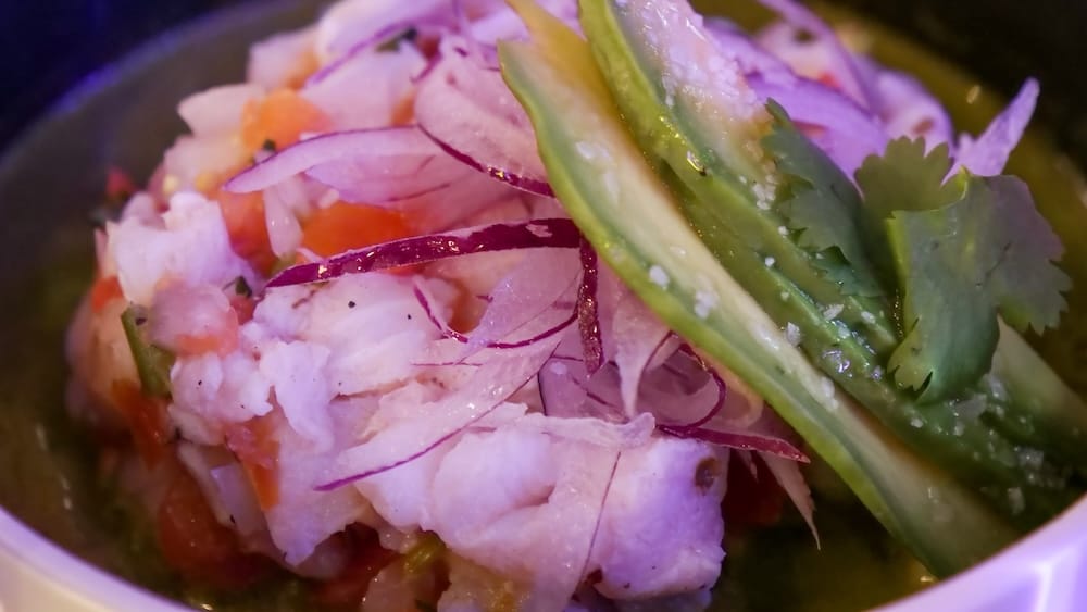 Ceviche at The Taco Shop in West Edmonton Mall, Edmonton, Alberta, Canada Close-up of ceviche at The Taco Shop in West Edmonton Mall, Edmonton, Alberta, Canada, topped with sliced red onion, avocado, cilantro and coarse salt.
