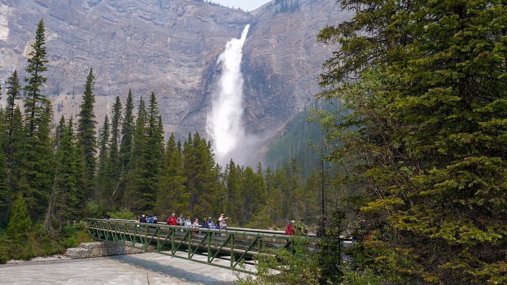Takakkaw Falls and pedestrian bridge in Yoho National Park, British Columbia, Canada, with visitors below the falls Takakkaw Falls pours down a cliff in Yoho National Park, British Columbia, Canada, behind a pedestrian bridge where visitors gather above the rushing river, with dense evergreens framing the waterfall and rocky mountain wall.