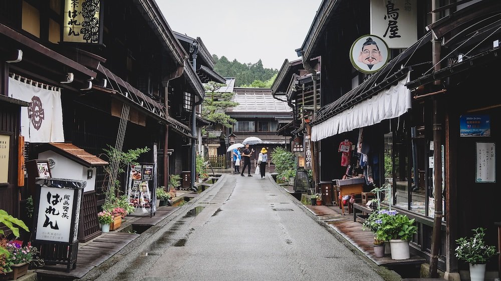 Takayama street scene on a rainy day in Japan 