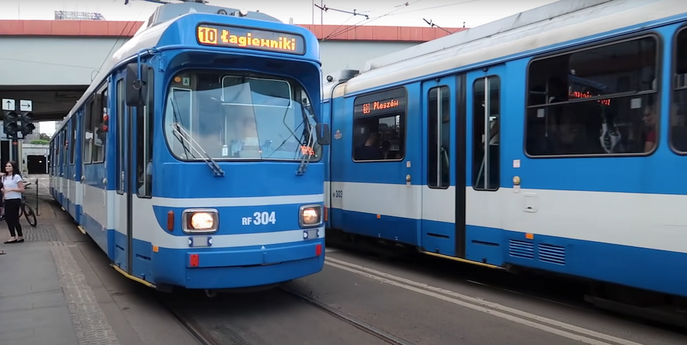 Taking a Tram Ride in Krakow tramwajowy as a local form of transportation in Poland