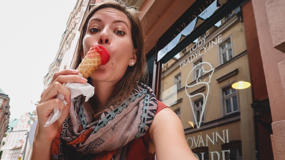 That Backpacker Audrey Bergner enjoying colorful Ice Cream known locally as lody in Poznan, Poland 