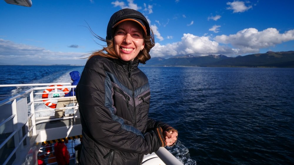 That Backpacker Audrey Bergner enjoying the Beagle Channel cruise in Ushuaia, Tierra del Fuego, Argentina 