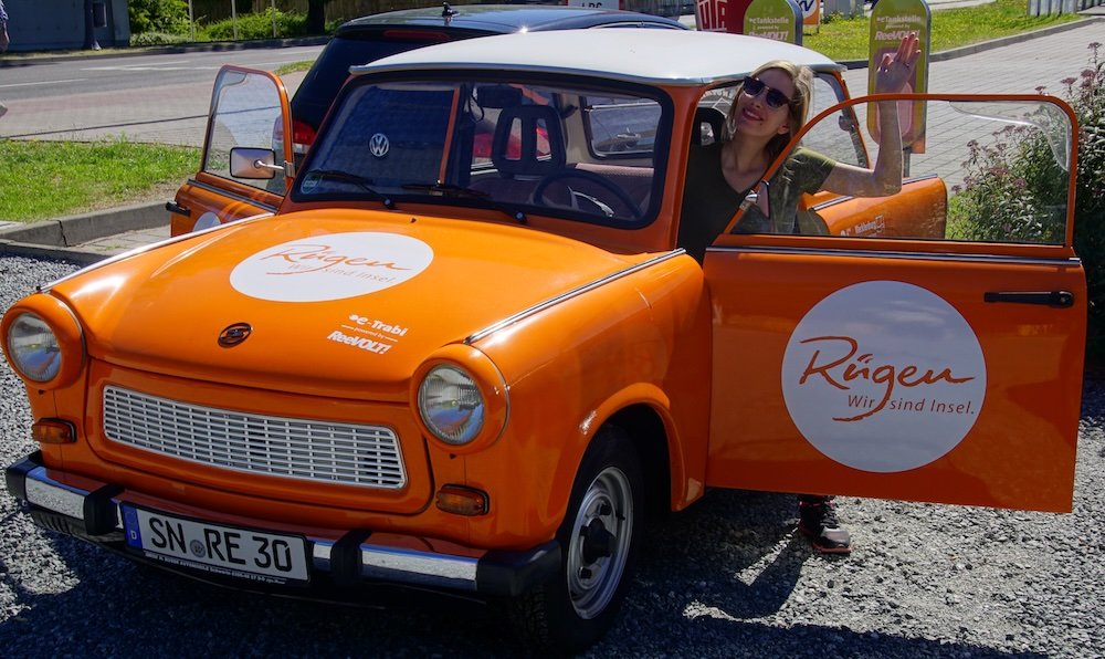 That Backpacker Audrey Bergner excited to take an E-Trabi Tour around Rugen Island in a vintage electric version of East Germany’s classic Trabant car