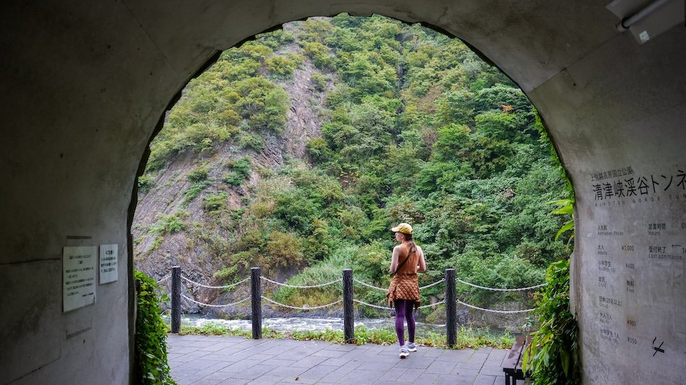 That Backpacker Audrey Bergner at a lookout point while visiting Kiyotsu Gorge, Japan