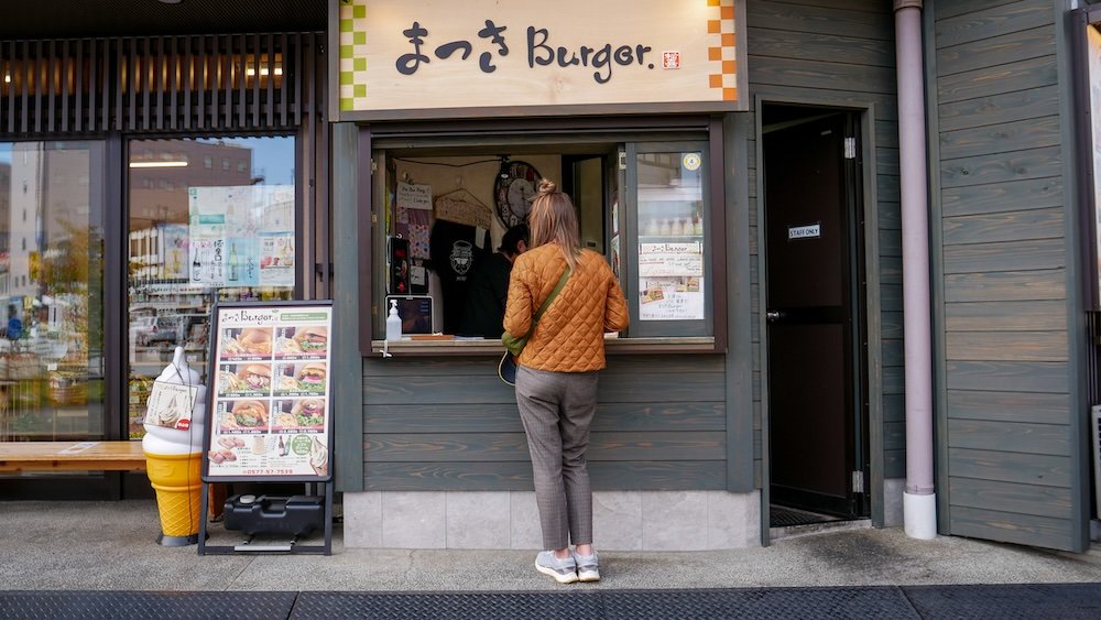 That Backpacker Audrey Bergner ordering from Matsuki Burger in Takayama, Japan 