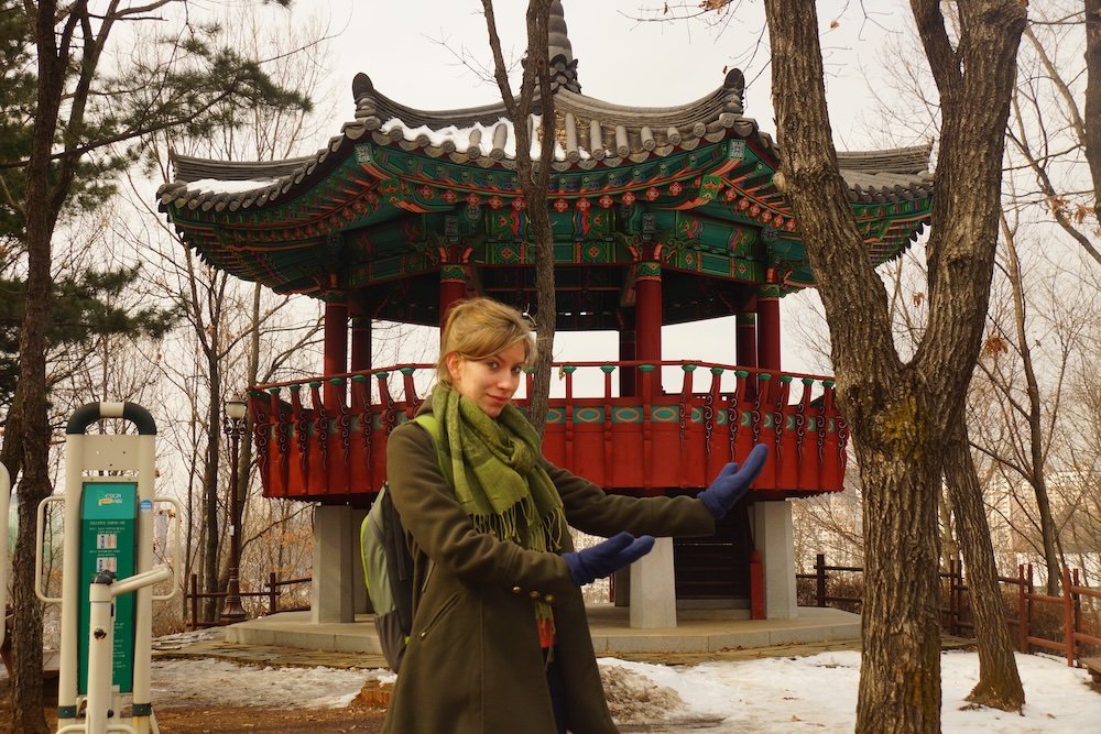 That Backpacker Audrey Bergner visiting a pagoda on a hike in Yongin, South Korea 