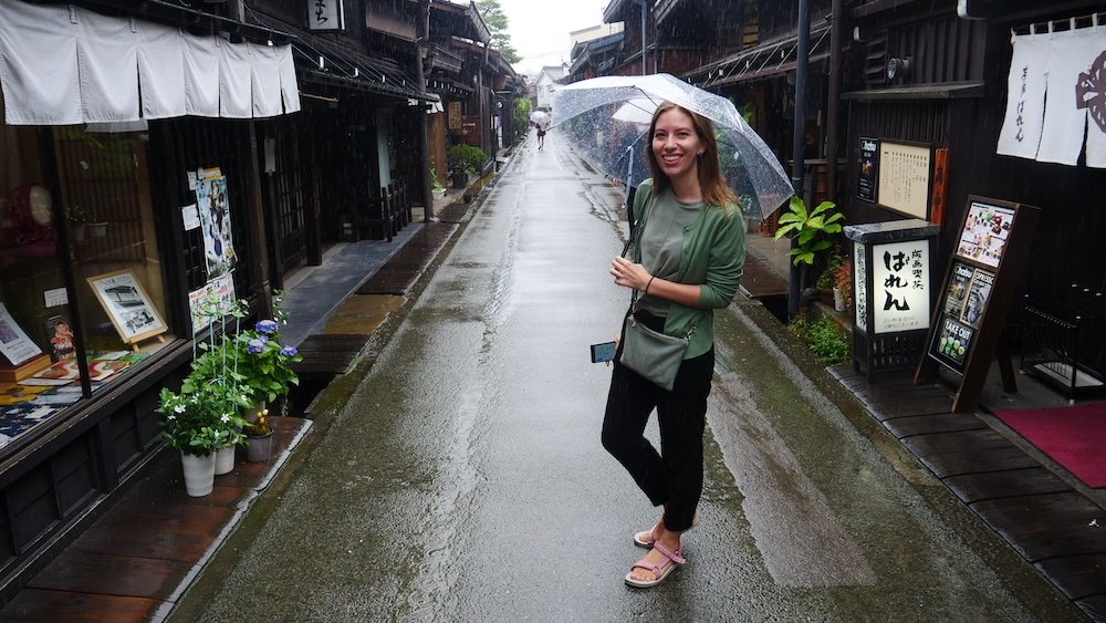 That Backpacker Audrey Bergner visiting Takayama on a rainy day with an umbrella 