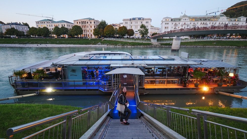 That Backpacker visiting the Salzach Island Bar in Salzburg, Austria