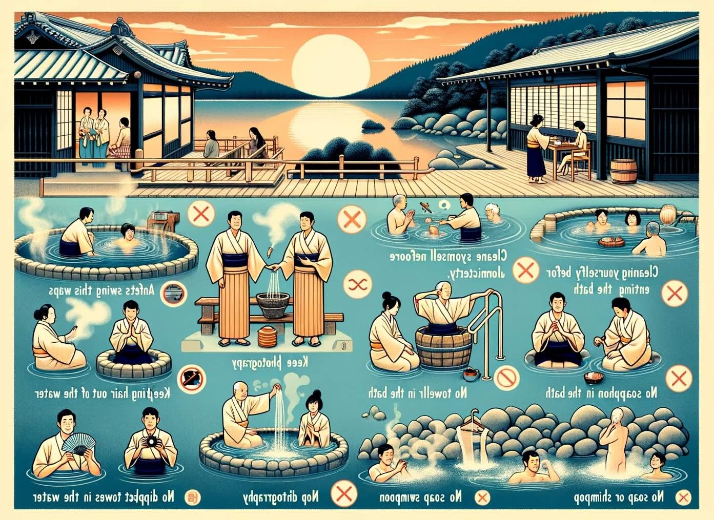 The dos and don'ts of Japanese onsen etiquette this visual guide captures the essential practices and rules to follow for a respectful and enjoyable onsen experience.