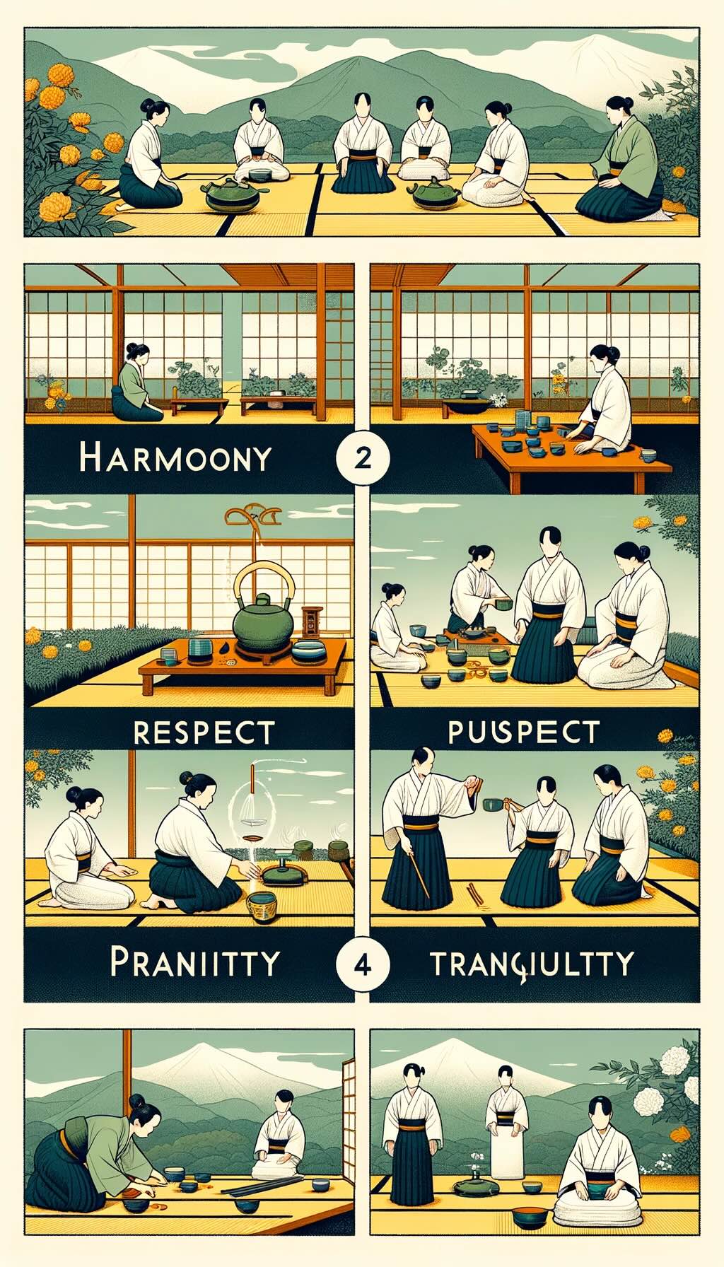 The Four Principles: Harmony (和), Respect (敬), Purity (清), and Tranquility (寂) - infographic 