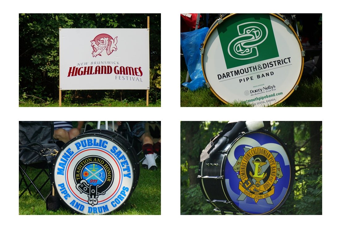 The New Brunswick Highland Games festival sign, Dartmouth Pipe Bad, Maine Public Safety Pipe and Drum Corps and the Saint John Pipe Group. 