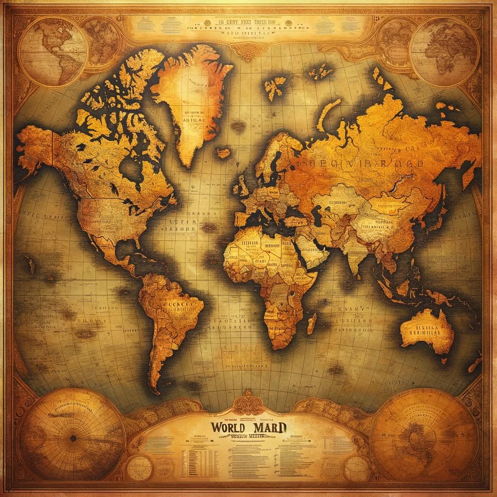 The world map, crafted in an old-school, super vintage style with a retro fade of yellow, brown, and gold