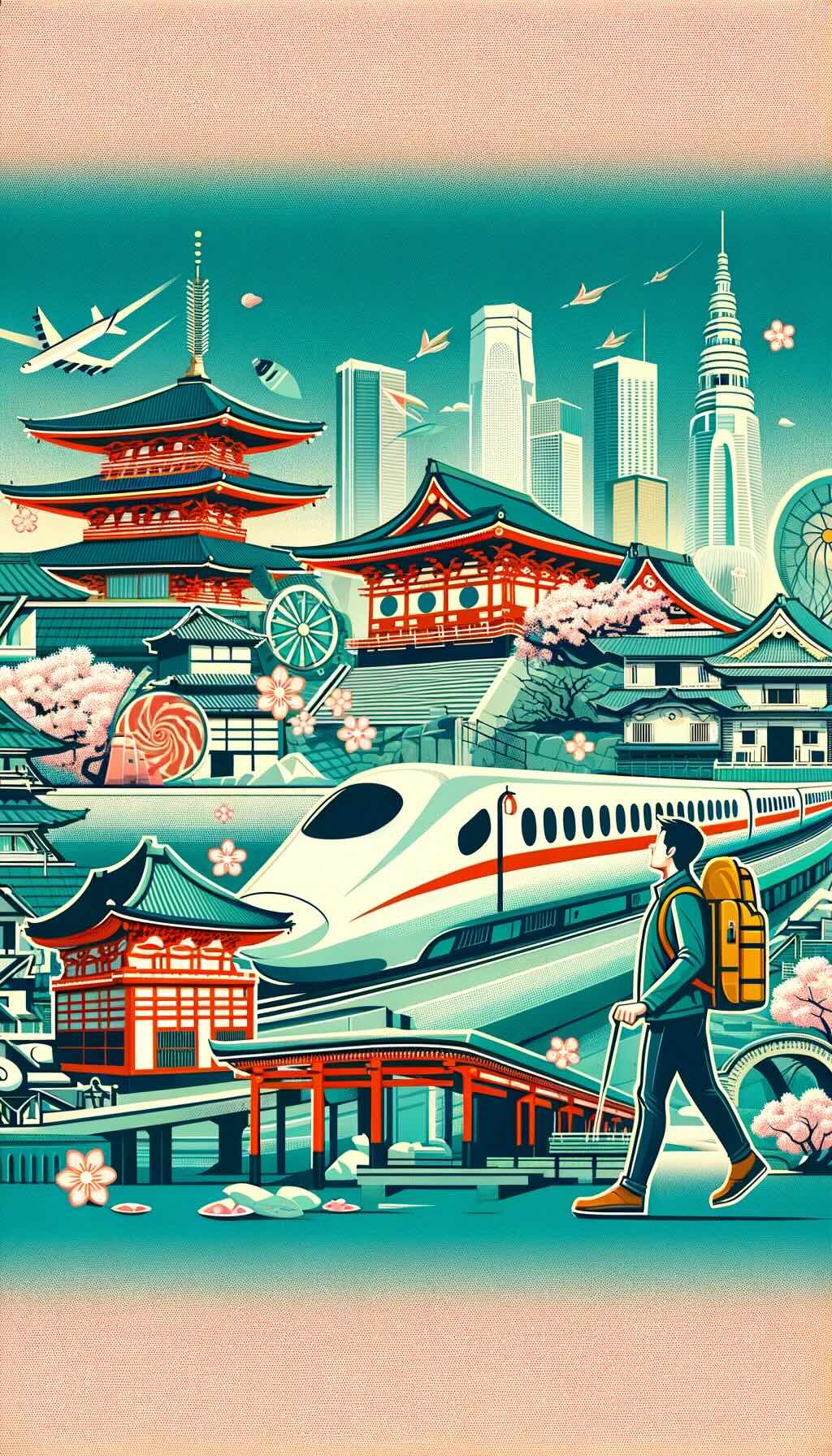 Theme of solo travel in Japan, showcasing a solo traveler navigating through the safe and culturally rich environment of Japan. The image captures iconic elements like the Shinkansen, traditional temples, and urban cityscapes, symbolizing the safety, cultural immersion, and independence associated with solo travel in Japan