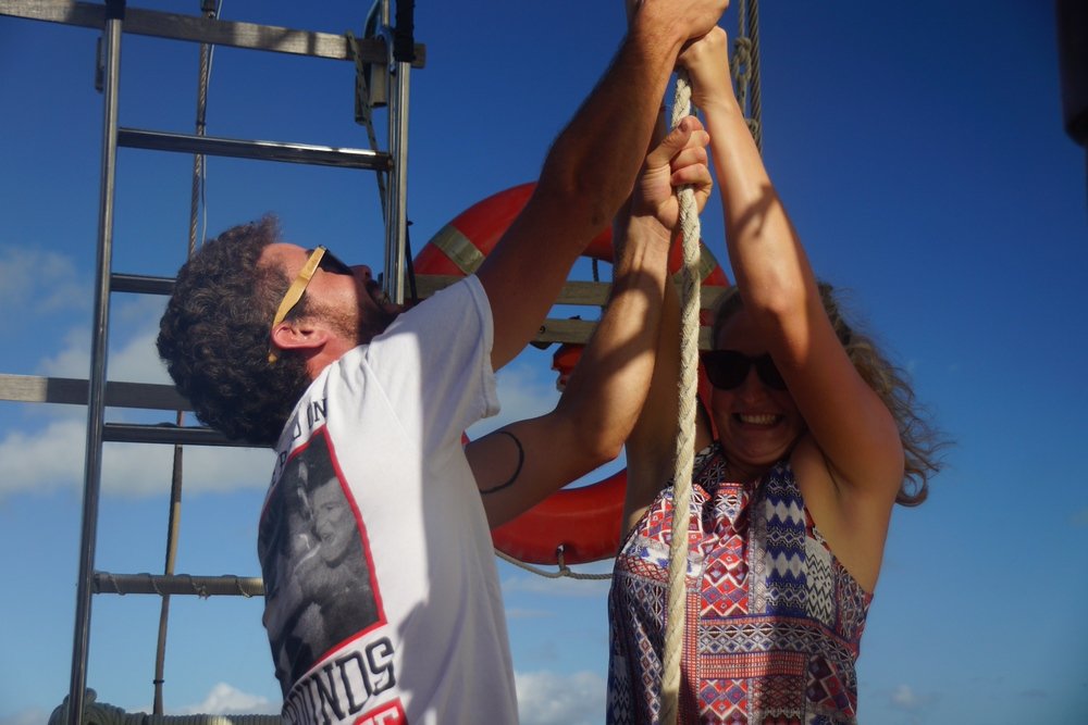 This couple was all smiles as they helped raise the sails of the Derwent Hunter