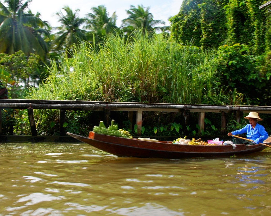 This is a side perspective shot of a Thai lady rowing a boat loaded with fruit to the floating Thai market 